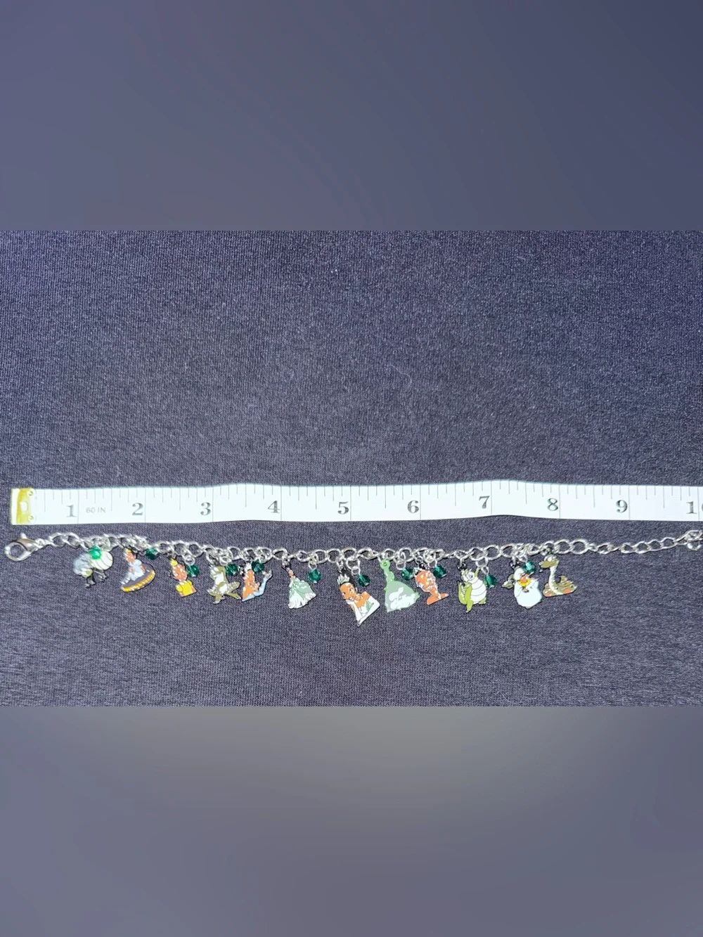 Disney Tiana Princess & The Frog Silver Tone Charm Bracelet Charms 9in